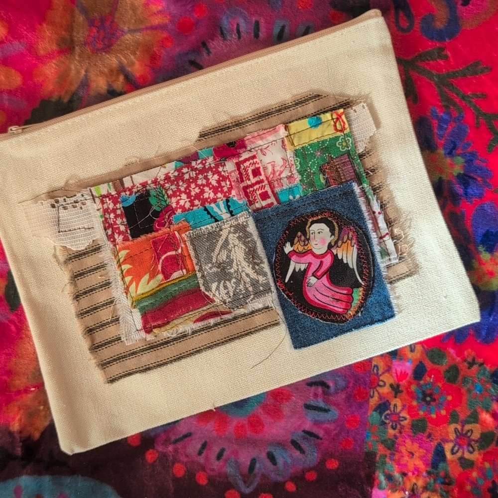 Upcycled Canvas Zipper Pouch PICK ONE! embellished w fabrics HANDMADE ITEM - Picture 2 of 4